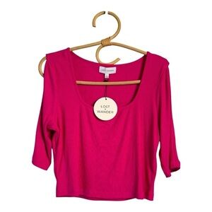 Lost + Wander Pink Cropped Ribbed Top with Cutout Elbow Length Sleeves NEW Large
